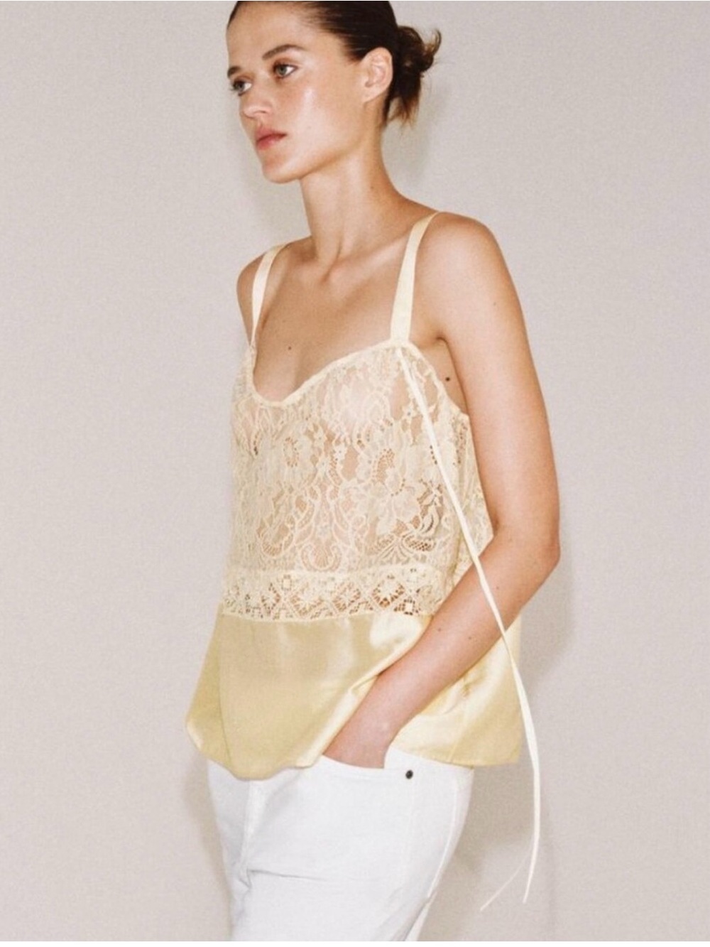 NWT Zara ZW Collection Satin Effect Lace-Trim Cami Tank Top in Pale Yellow